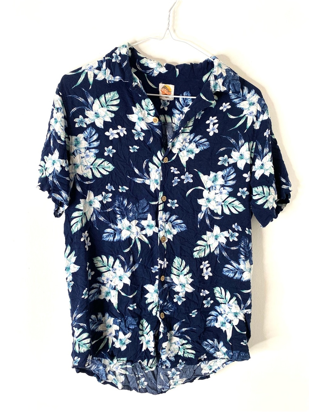 C&C California Navy Tropical Hawaiian Rayon Button Front Floral Shirt